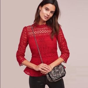 Beautiful Anthropologie Moulinette Soeurs Red Lace Peplum Top